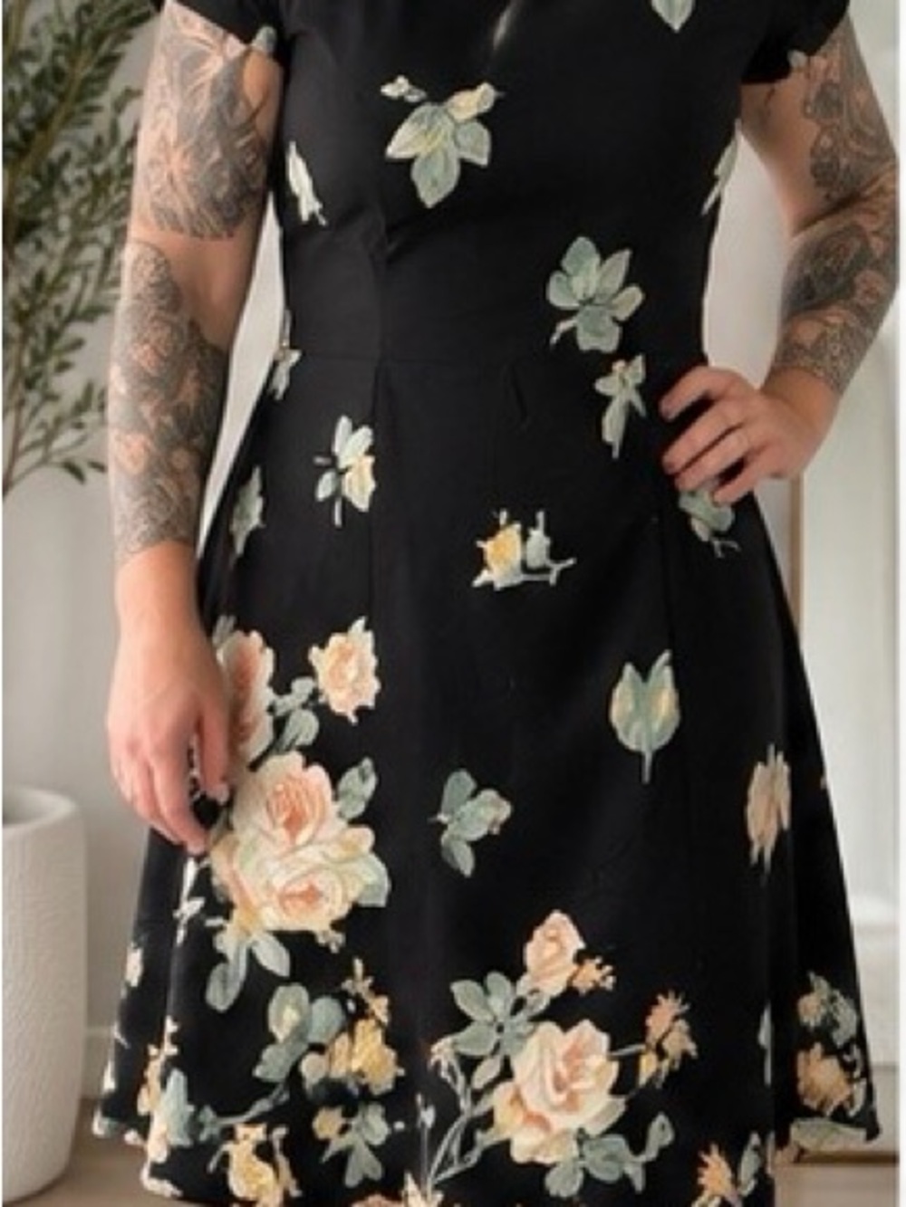 Black Floral Fit-and-Flare Dress with Peach and Sage Blooms